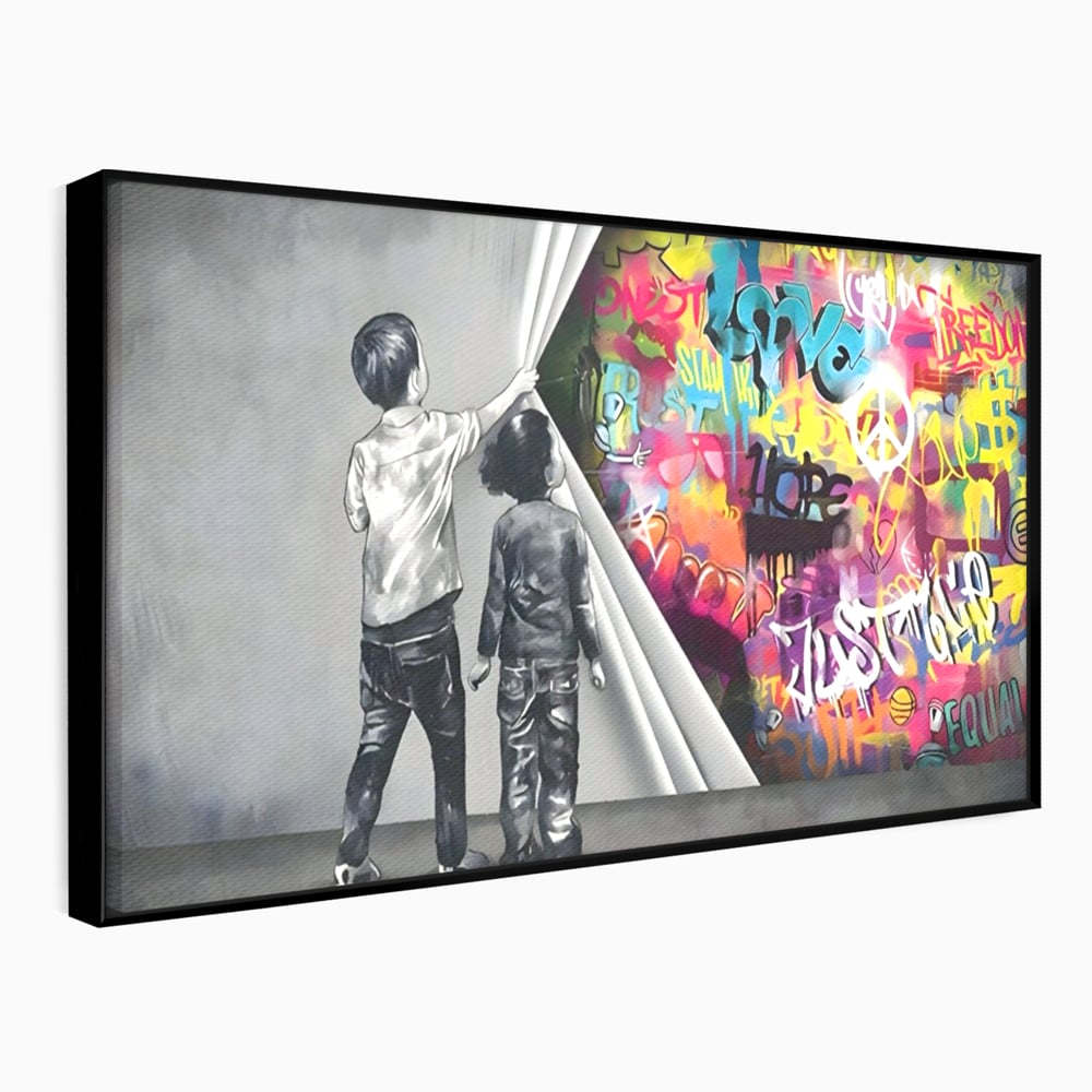 Tablou canvas cu tablou canvas cu copii si perete grafitti, in rama de aluminiu negru